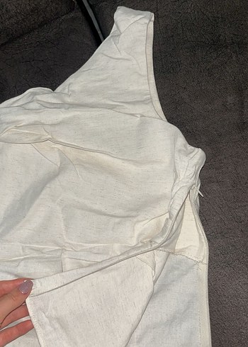 Krem bej Keten Drapeli tek omuz LCW bluz - Görsel 4