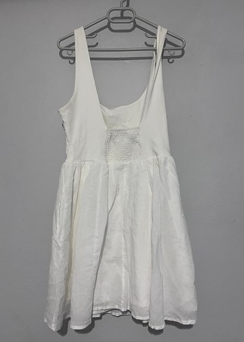 Beyaz Keten Midi Elbise V Yaka - Görsel 2