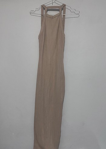 Bej Kadın Uzun Drapeli Elbise - Görsel 2