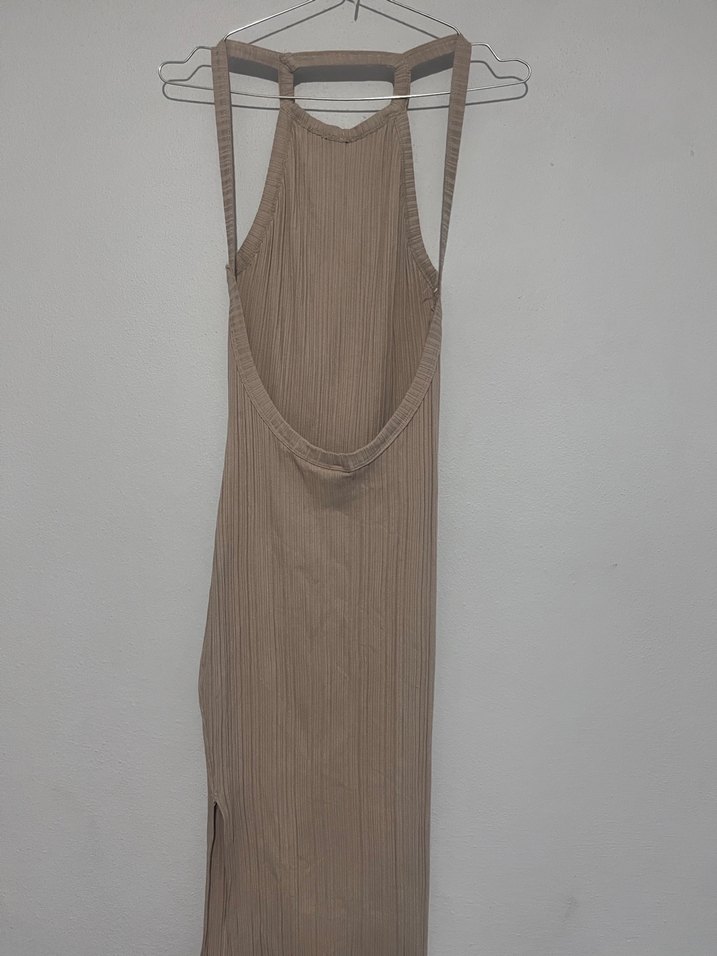 Bej Kadın Uzun Drapeli Elbise - Görsel 4