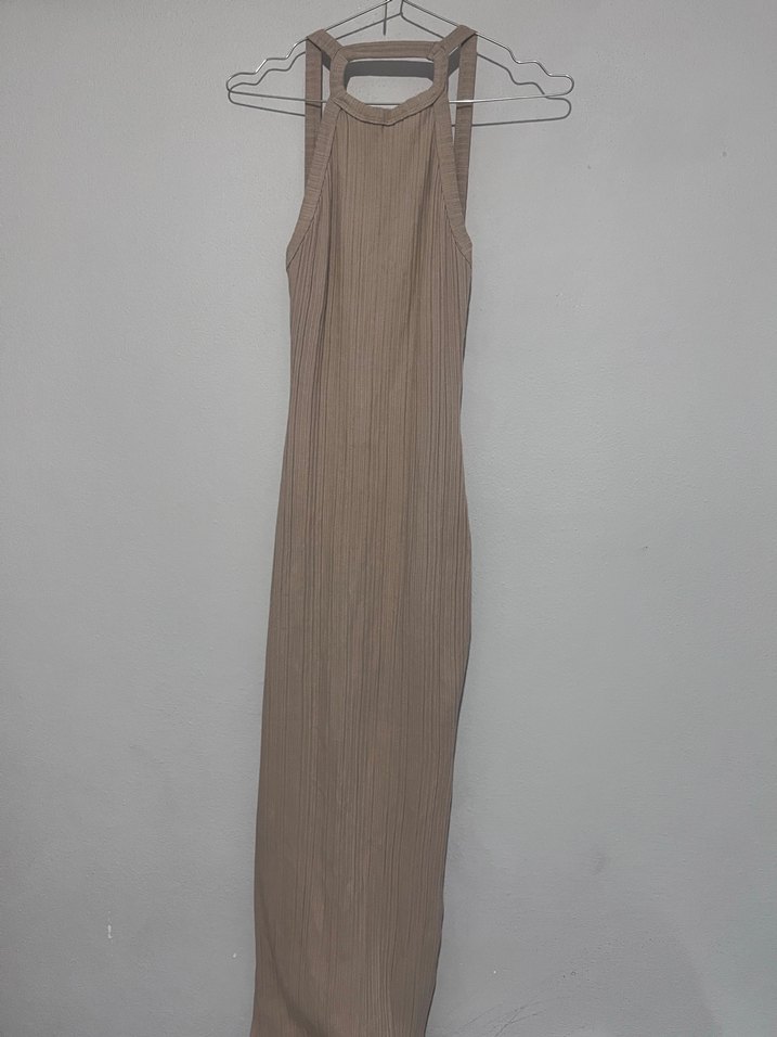 Bej Kadın Uzun Drapeli Elbise - Görsel 2