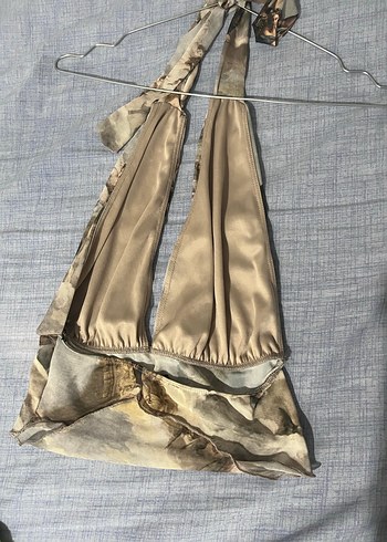 Bej Baskılı Keten Drapeli Straplez Büstiyer - Görsel 3