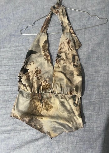 Bej Baskılı Keten Drapeli Straplez Büstiyer - Görsel 2