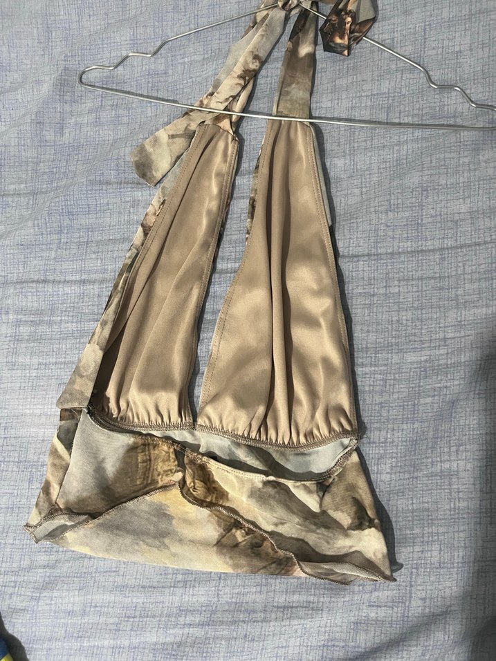 Bej Baskılı Keten Drapeli Straplez Büstiyer - Görsel 3