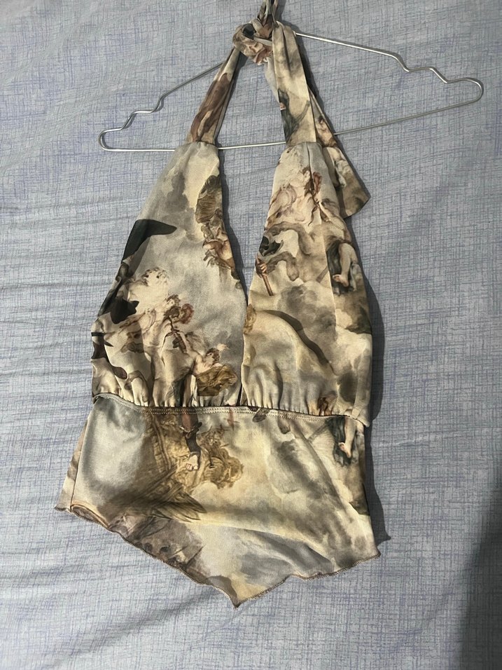 Bej Baskılı Keten Drapeli Straplez Büstiyer - Görsel 2