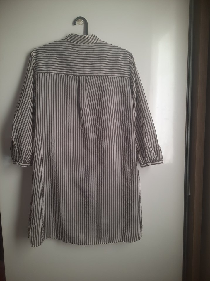 Gri Çizgili Kadın Pamuk Gömlek - Görsel 3