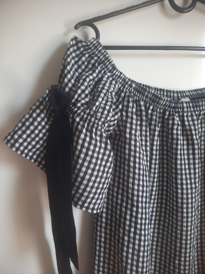 Gri Kareli Midi Elbise, Fırfırlı, Salaş Kesim - Görsel 3