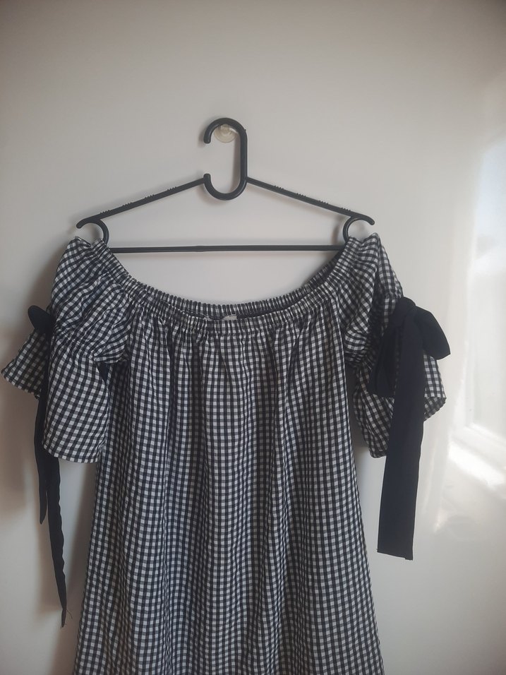 Gri Kareli Midi Elbise, Fırfırlı, Salaş Kesim - Görsel 2