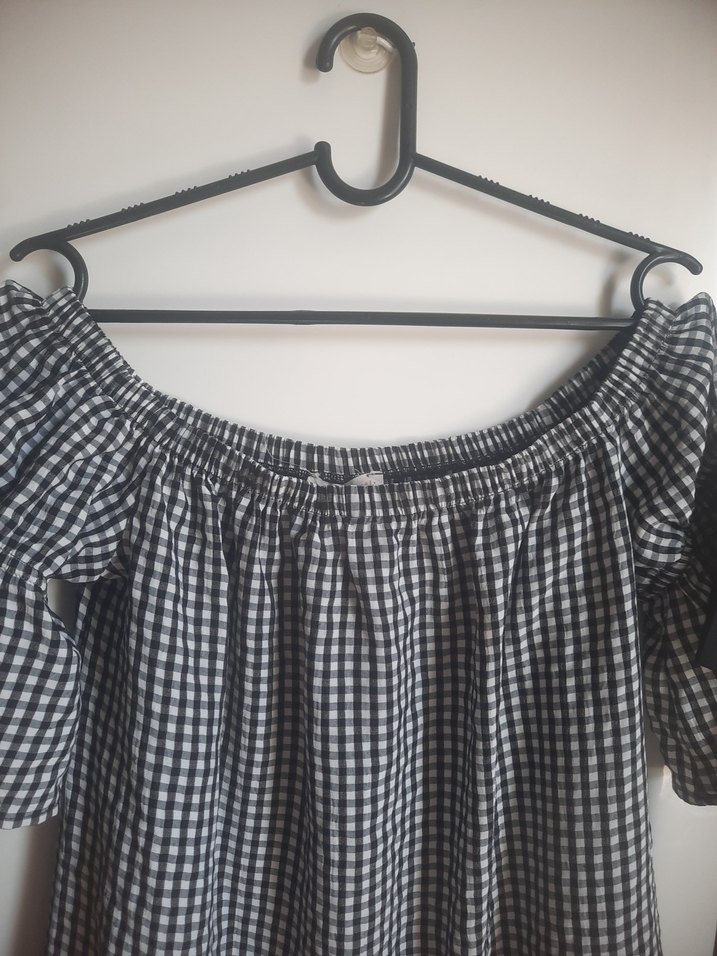 Gri Kareli Midi Elbise, Fırfırlı, Salaş Kesim - Görsel 4