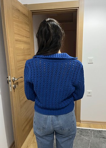 V Yaka Mavi Örgü Kadın Kazak - Görsel 4