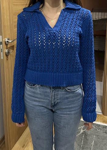 V Yaka Mavi Örgü Kadın Kazak - Görsel 2