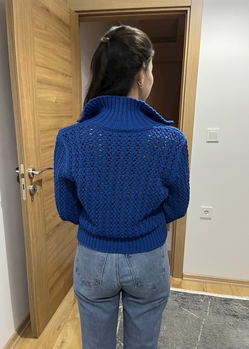 V Yaka Mavi Örgü Kadın Kazak - Görsel 3