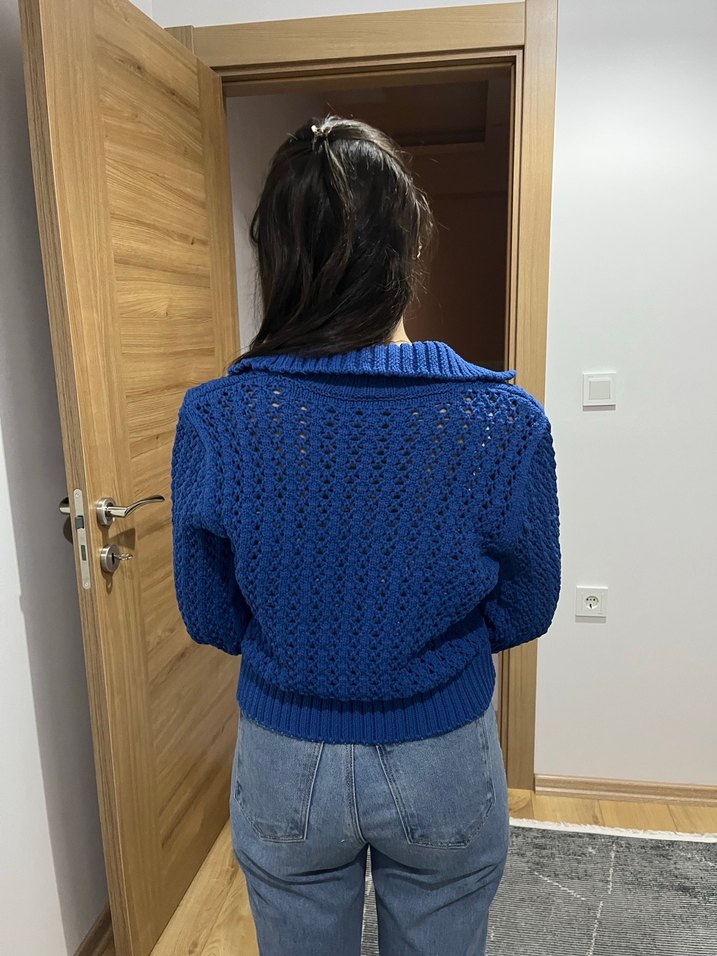 V Yaka Mavi Örgü Kadın Kazak - Görsel 4
