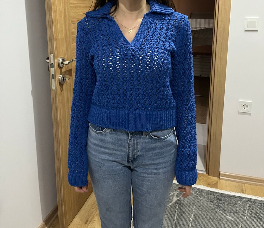 V Yaka Mavi Örgü Kadın Kazak - Görsel 2