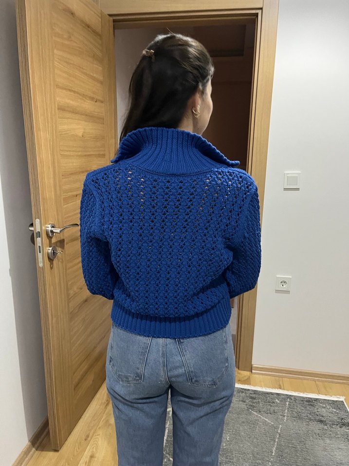 V Yaka Mavi Örgü Kadın Kazak - Görsel 3