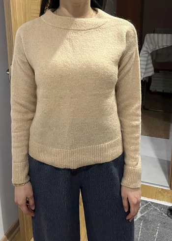 Bej Kadın Örgü Bisiklet Yaka Kazak - Görsel 2