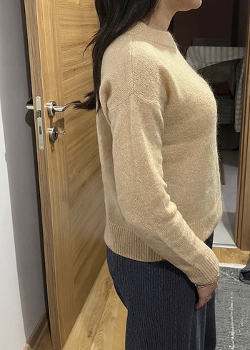 Bej Kadın Örgü Bisiklet Yaka Kazak - Görsel 3