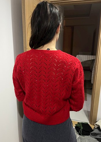 Kadın Kırmızı Nakışlı Örgü Kazak - Görsel 4
