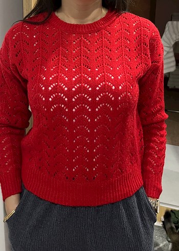 Kadın Kırmızı Nakışlı Örgü Kazak - Görsel 2