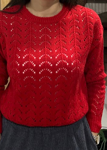 Kadın Kırmızı Nakışlı Örgü Kazak - Görsel 3