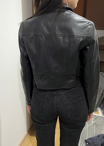Kadın Siyah Deri Biker Ceket - Görsel 4