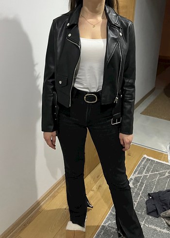 Kadın Siyah Deri Biker Ceket - Görsel 2