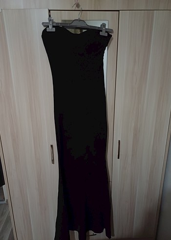 Siyah straplez Uzun Drapeli Kadın Elbisesi - Görsel 3