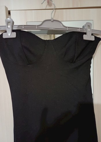 Siyah straplez Uzun Drapeli Kadın Elbisesi - Görsel 4