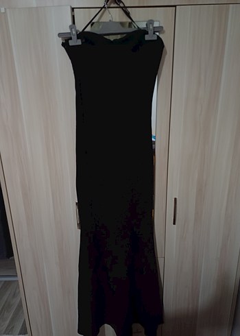 Siyah straplez Uzun Drapeli Kadın Elbisesi - Görsel 2