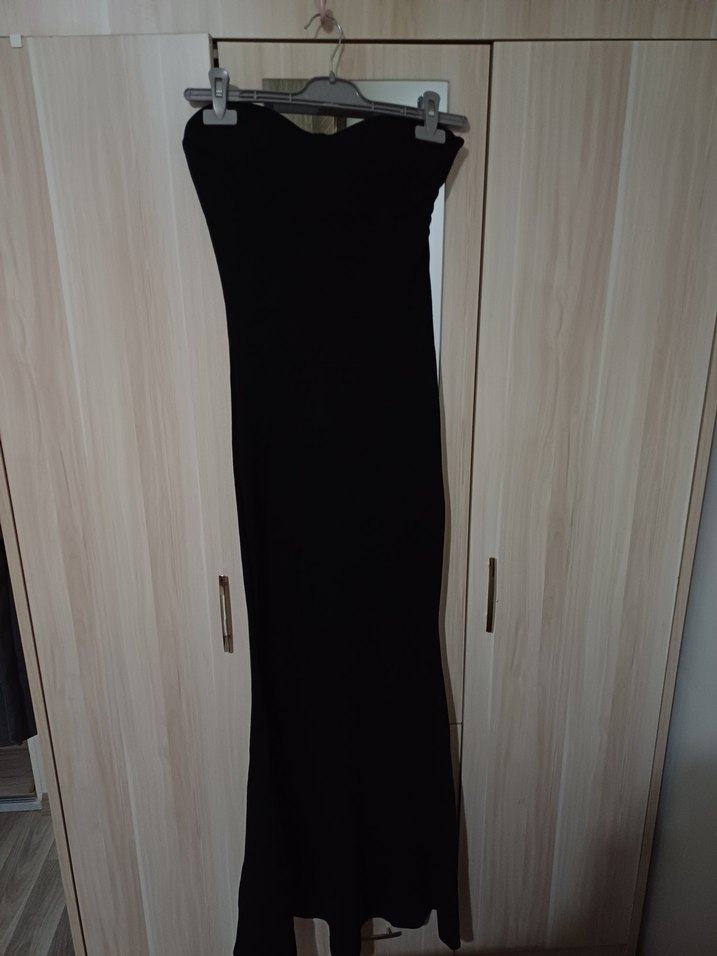 Siyah straplez Uzun Drapeli Kadın Elbisesi - Görsel 3