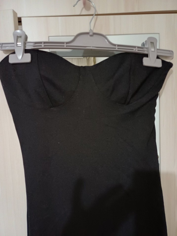 Siyah straplez Uzun Drapeli Kadın Elbisesi - Görsel 4