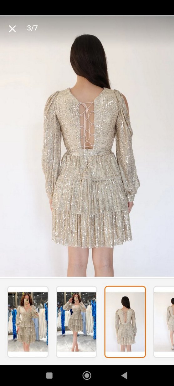 Altın Renk Mini V Yaka Uzun Kollu Elbise - Görsel 2