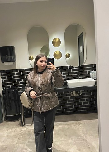 Kemerli Kısa Kahverengi  Kadın Mont - Görsel 3