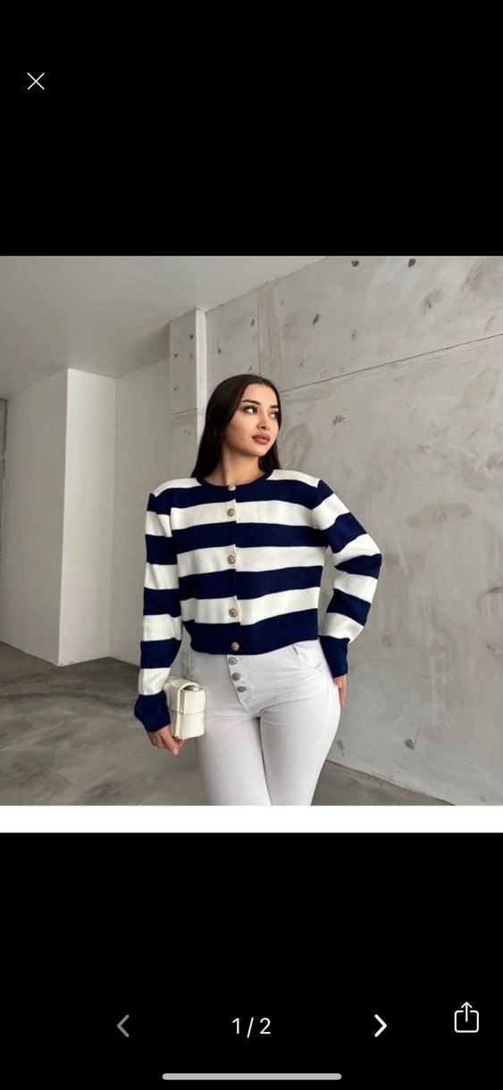 Düğmeli Çizgili Kadın Mini Hırka - Görsel 2