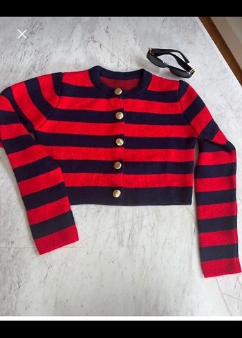 Düğmeli Kırmızı Lacivert Çizgili Kadın Hırka - Görsel 2