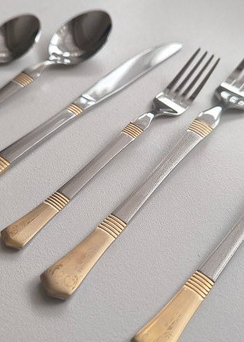 Gri ve yaldız detaylı,desenli, 6'lı, 36 parça kaşık çatal seti - Görsel 3