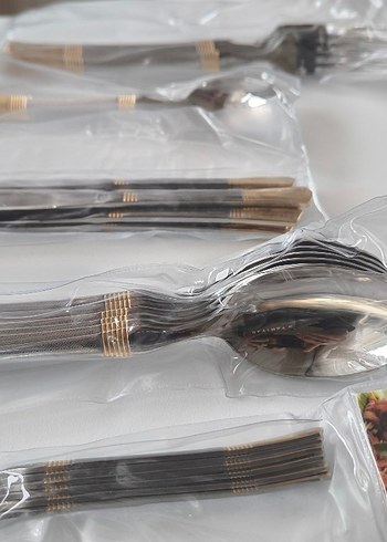 Gri ve yaldız detaylı,desenli, 6'lı, 36 parça kaşık çatal seti - Görsel 6