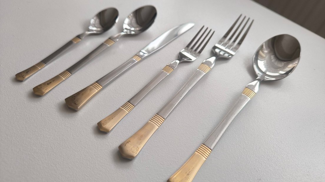 Gri ve yaldız detaylı,desenli, 6'lı, 36 parça kaşık çatal seti - Görsel 3