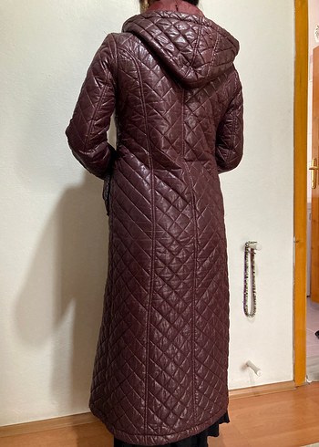 Bordo Uzun Deri Kadın Ceket - Görsel 3