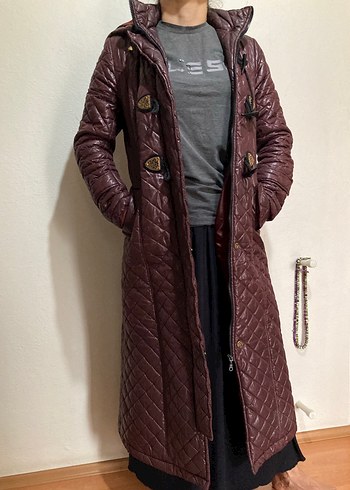 Bordo Uzun Deri Kadın Ceket - Görsel 4