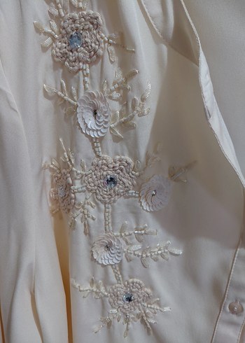 Bej Nakışlı V Yaka Kadın Gömlek - Görsel 2