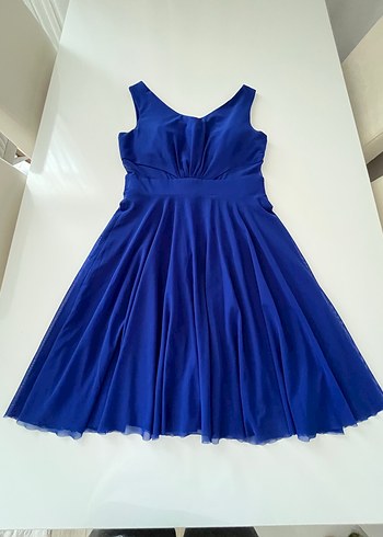 Saks Mavisi Midi Kadın Abiye Elbise - Görsel 2