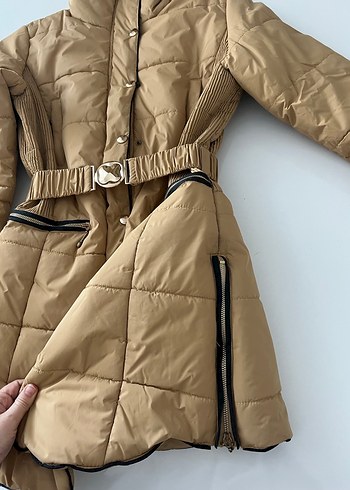 Fabrika Kemerli Bej Midi Kışlık Kadın Mont - Görsel 8