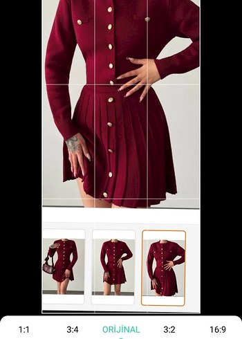 Bordo gold Düğmeli Modern Klasik mini etekli takm