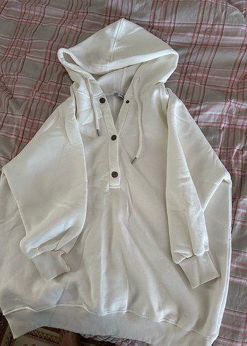 universal Beden beyaz Renk Düğmeli Beyaz Kapüşonlu Kadın Sweatshirt
