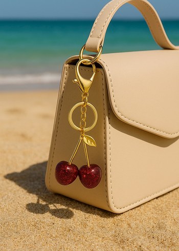 Kadın Gold Kırmızı Bordo Simli Kiraz Anahtarlık Çanta Süsü Charm - Görsel 3
