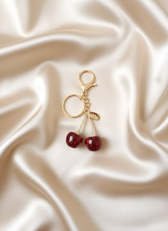Kadın Gold Kırmızı Bordo Simli Kiraz Anahtarlık Çanta Süsü Charm - Görsel 4