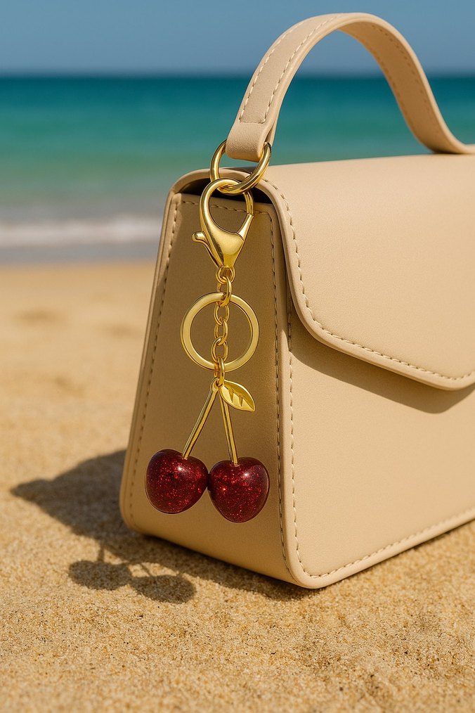 Kadın Gold Kırmızı Bordo Simli Kiraz Anahtarlık Çanta Süsü Charm - Görsel 3