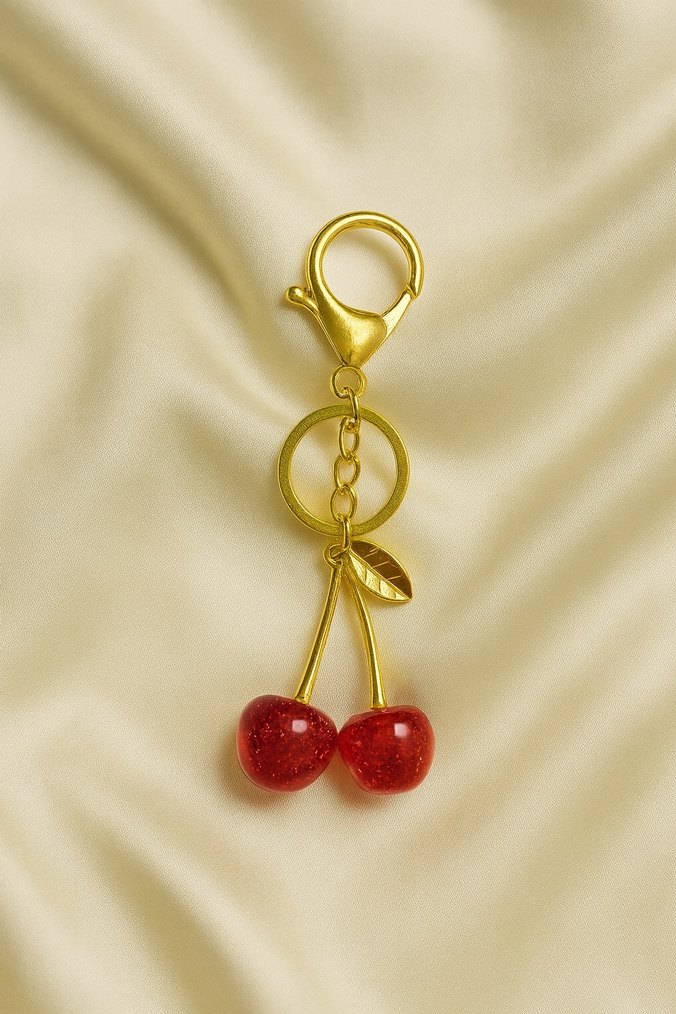 Kadın Gold Kırmızı Bordo Simli Kiraz Anahtarlık Çanta Süsü Charm - Görsel 2