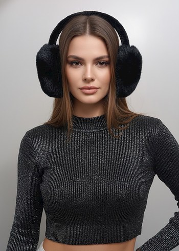 Siyah Peluş Tüylü Kadın Şapka ve Kulaklık Seti Soğuktan Koruyucu - Görsel 2